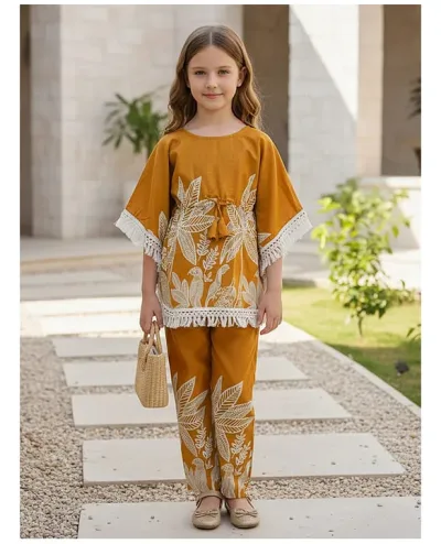 Cotton Woven Three Fourth Sleeves Tropical Theme Printed Kurti & Pant Set - Mustard & White